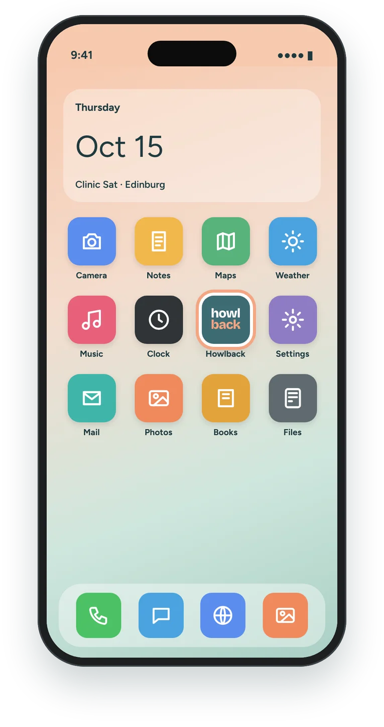 A phone home screen with the Howlback app icon next to other apps