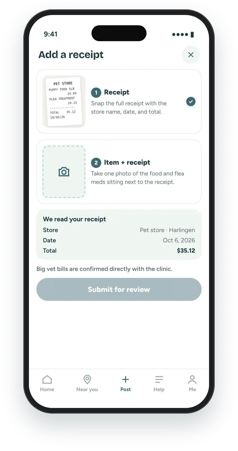 Add a receipt screen with a receipt photo, a slot for a photo of the items next to the receipt, and the store, date, and total read from it